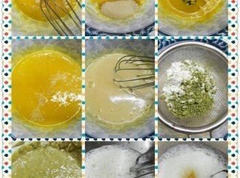 step2: 蛋黃輕輕發勻,,加入糖拌勻,,再加油拌勻,,再加鮮奶拌勻,,最後篩入低筋粉及綠茶粉,,Z形拌勻即停手,,不要令麵糊起筋