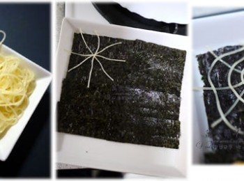 step6: 蜘蛛做法：
1.選用天使絲義大利麵煮熟後加入少許橄欖油 
2.先排出米字  
3.接著再繞出幾個圓即為蜘蛛絲