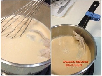 step3: 倒入熱水及牛奶，用小火煮至滾（約4-5分鐘），續煮約1-2分鐘 (時常攪拌以免鍋底沾黏)