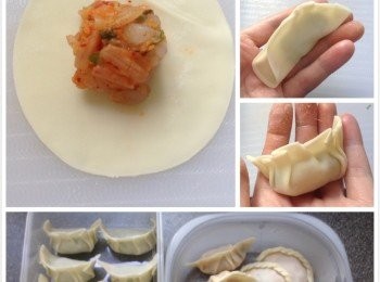 step2: 取一水餃皮，四邊沾些水，放上適量餡料，包成所需形狀，並將餃子放熱水中煮熟備用。
