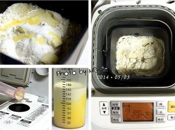 step1: (Panasonic SD-BMS105T Mode14 麵包麵糰模式)

首先將材料 (1)~(6) 全放進麵包機容器中
酵母粉置於麵包機的酵母容器中
選擇模式為 Mode14 《麵包麵糰》模式
讓機器跑完全程，約一個小時左右。