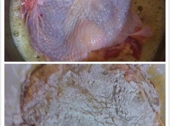 step2: 取出醃製好的雞全腿，沾上蛋汁，然後再沾上天婦羅炸粉，靜置2分鐘。