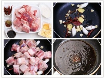 step2: 鍋燒熱放油，放入蔥、姜、蒜、花椒、小茴香、乾辣椒煸炒出香味；將切好的五花肉放入鍋內煸炒直至肉變色，煸出香味；鍋內做油放入冰糖，改小火；炒到糖色變成棗紅色，氣泡由大變小；