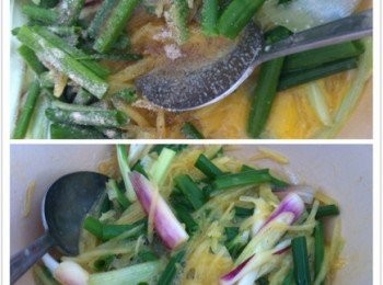 step2: 將蛋打入碗中打散，將炒好的馬鈴薯絲，蔥條和剩餘的材料加入蛋汁中輕輕攪拌均勻。