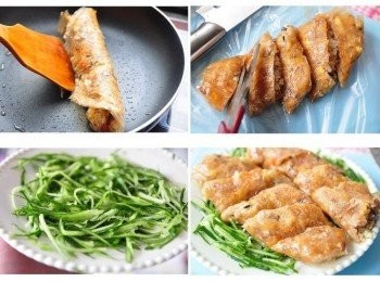 step6: 因為軟化的餅皮非常薄容易破，所以我煎約金黃時起鍋，再使用一張軟化的餅皮再捲起成長條狀，放入鍋中在慢火煎至金黃即可起鍋，用剪刀剪一片片，並準備小黃瓜絲，鋪在上面