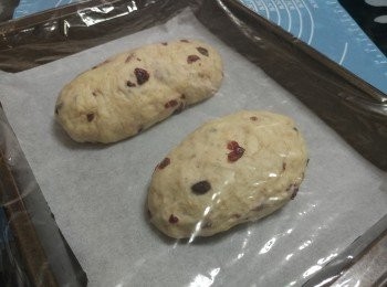 step8: 把麵團搓成橢圓形麵團，放到舖上牛油紙式烤盤上，再用蒸爐40度發酵約45分鐘麵倍大;