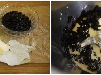 step6: 趁烤乳酪塔的時間,可以先來製作甘納許.先將鮮奶油稍微煮滾後關火, 立刻放入巧克力跟奶油混合,接著加入白蘭地拌勻後,放在一旁放涼.