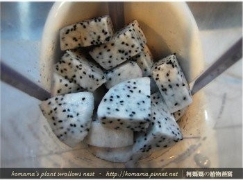 step3: 先把已切成塊狀的火龍果，逐一放入至果汁機中。