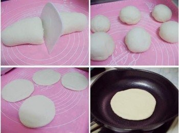 step2: 搓成長條狀ˊ分成6等份ˊ醒一下約10~15分鐘。 然後桿成厚度約0.5~1cm圓片狀ˊ鍋內不放油直接乾烙