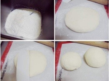 step1: 先準備好所需材料ˊ(我用麵包機揉麵團功能) 除了無鹽奶油25g以外ˊ其餘材料都放入攪拌盆裡ˊ 約10分鐘後再加入無鹽奶油續揉5分鐘ˊ 然後直接於麵包機內完成第1次發酵ˊ 發酵完成的麵團(手指沾少許高粉插進麵團ˊ不回彈表示發酵完成) 輕拍壓出多餘空氣 ˊ接著將麵團分割成等重相同2等份 ˊ 滾圓ˊ用保鮮模或適合容器覆蓋再鬆弛20分鐘。