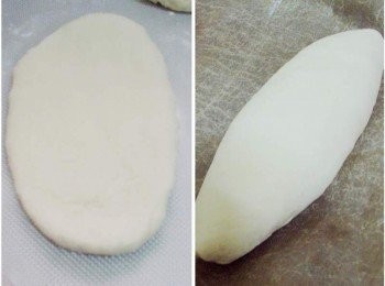 step3: 接著將鬆弛好的麵團桿平成長橢圓狀ˊ 整型成長橢圓形ˊ縮口朝下ˊ擺於鋪了烘焙紙的烤盤上ˊ 麵團表面噴點水ˊ放溫暖處進行最後發酵