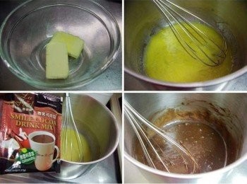 step2: 奶油先以微波低溫融化後ˊ和細砂糖ˊ蛋拌勻ˊ 接著加入微笑可可亞2包ˊ再次拌勻至柔順平滑狀態