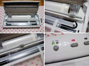 step1: 操作使用[FoodSaver家用真空包裝機V2450]: 拉取出適量的長度保鮮袋ˊ然後用滑動式的刀片裁切ˊ 放平、蓋上上蓋、扳下邊邊的開關ˊ按下seal按鍵ˊ 進行封口時會亮紅燈ˊ等紅燈滅了之後表示封口完成ˊ 就可以用保鮮袋來進行醃漬或真空囉。