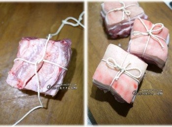 step1: 三層肉切成四方型後，結在正面用棉繩綁起來