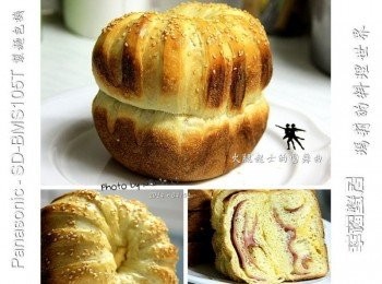 step5: (Panasonic SD-BMS105T Mode22 蒸麵包模式) 調整麵包機的設定為 Mode22 《蒸麵包模式》 此模式可以直接進行烘烤作業，全程於 35 分鐘完成 在烘烤的過程中我看著漸漸漲大的甜甜圈 流蘇製造出宛如花型的美麗圖樣 有鑑於近來發現 Mode22 模式烘烤常會有外皮過焦的情況 於是這回在表面出現均勻上色完成後 我提前了兩分鐘按下《取消》鍵提前出爐 天啊！！這個吐司的造型 實在是........太可愛了吧！！ 讓我馬上想起穿著蓬蓬袖和蓬蓬裙的宮廷舞者 心情也立刻跟著婆娑起舞飛揚了起來