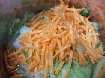 step3: 大火燒熱鑊，加入少許油將娃娃菜及紅蘿蔔絲炒軟。