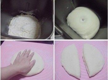 step2: 2.即溶酵母和鹽不要直接接觸ˊ然後直接用麵包機揉麵團功能完成麵團製作及基本發酵ˊ (約1個小時的時間) 3.完成的麵團用食指沾少許高粉插進麵團中ˊ不回彈ˊ表示基發完成 4.然後取出麵團ˊ操作台上灑上少許高粉ˊ輕拍壓出多餘空氣 5.接著將麵團分割成2等份