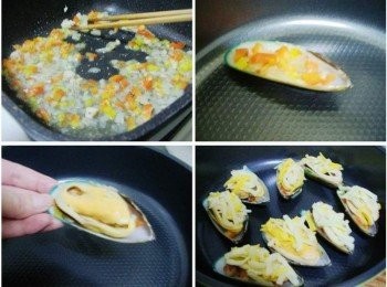 step3: 略滾即可熄火ˊ接著將完成蔬菜丁取酌量填放於淡菜殼裡ˊ 然後擺上淡菜肉ˊ再加上焗烤起士