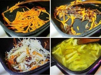 step2: 鍋內放入酌量油先下紅蘿蔔拌炒出香氣ˊ (紅蘿蔔經過熱油拌炒ˊ胡蘿蔔素也才能釋放出來喔) 接著依序將木耳ˊ金針菇也拌炒均勻ˊ 然後添入適當水量水煮滾