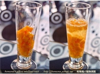 step3: 取適量的芒果塊，分切成小丁狀，酌量放置於玻璃杯中。C.C.Lemon氣泡飲料倒入杯中至2/3滿，也可用雪碧取代。