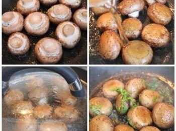 step2: 用炸蒜片的油煎蘑菇, 並加入適當的鹽巴