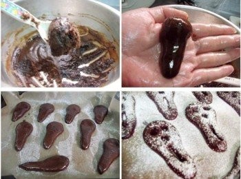 step4: 9.取出冷藏後的麵團ˊ用小湯匙舀起麵糊(儘量每一匙都一樣大小) 10.雙手抹上少許油ˊ將麵團像搓湯圓一樣ˊ搓揉成圓形ˊ再滾揉成水滴狀 11.然後略為壓扁ˊ直接放烤盤上(烤盤記得放防沾紙ˊ完成才方便取下哦~) 12.然後以<span class="group_2">配方外</span>糖粉ˊ在巧克力餅上灑上細糖粉ˊ再用筷子搓出五官造型