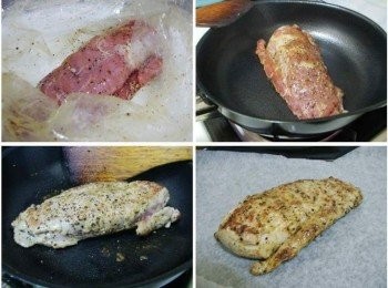 step5: 剛好家裡有份腰內肉ˊ所以前一晚用<span class="group_2">搭乘餡料1</span>裡的調味事先醃好ˊ 鐵鍋不放油ˊ直接將醃漬好豬肉下鍋ˊ煎至兩面金黃焦香ˊ 然後送入預熱好烤箱ˊ180度c烤20~25分鐘