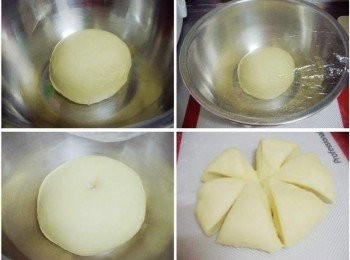 step2: 完成取1/2量麵團ˊ滾圓放適合容器做第一次發酵ˊ約1小時ˊ 過程記得覆蓋上保鮮模(防止麵團結皮影響口感) (我用住飯店時的浴帽ˊ很方便ˊ還可重覆使用喔) 發酵完成的麵團 (手指沾少許高粉插進麵團ˊ不回彈表示發酵完成) 然後輕壓出多餘空氣ˊ分成6等份