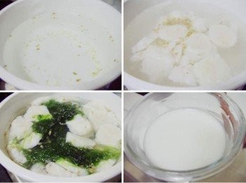 step3: 準備一湯鍋ˊ加入酌量的水和薑末一起煮滾ˊ 水滾後加入花枝丸煮1~2分鐘ˊ接著擺入海菜和排骨湯塊ˊ 並用酌量玉米粉水勾點薄芡