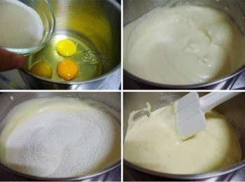 step3: 雞蛋和砂糖放入攪拌盆立即用攪拌器打發 (糖和蛋接觸後一定要立即打發ˊ如果耽擱太長時間ˊ糖的滲透壓會讓蛋很難打發哦) 先以快速打發ˊ再將速度調整至最低​速ˊ讓整個雞蛋霜更細緻更穩定 (判斷打發是否完成ˊ可用麵糊畫寫8ˊ不會立即沉底就OK了) 也可插根竹籤ˊ可以直立不歪斜就表示全蛋打發完全。 然後將過篩好低粉加入ˊ用刮棒輕柔但確實的拌勻ˊ (蛋有確實打發穩定不用害怕它會消泡ˊ但也不要過度攪拌)