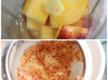 step1: 1) 甜桃洗淨, 切片後, 將所有材料放入果汁機中, 打勻
    ** 可酌量添加蜂蜜
2) 打好的蜜桃檸檬汁, 可視個人喜好過濾掉果粒渣渣