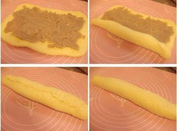 step2: 5.麵團桿成長方形狀ˊ然後鋪上已經準備好的<span class="group_2">餡料</span> 6.輕輕捲起成長柱狀ˊ在收口地方稍為用手壓扁些ˊ方便麵團粘合