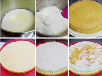 step7: 取出冷藏鮮奶油200g加入細砂糖30gˊ用攪拌器打發ˊ 將完成的海綿蛋糕分成兩片ˊ然後塗抹上鮮奶油ˊ 再放上酌量蜂蜜柚子醬