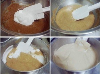 step5: 舀1/3份量的<span class="group_3">蛋白霜</span>混入巧克力蛋黃麵糊中ˊ 用橡皮括刀延著盆邊翻轉ˊ由下往上拌勻ˊ 然後再將拌勻的麵糊倒入剩下的<span class="group_3">蛋白霜</span>中混合均勻