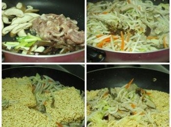 step2: 將蔥段/芹菜段爆香後, 加入肉絲, 香菇絲炒熟