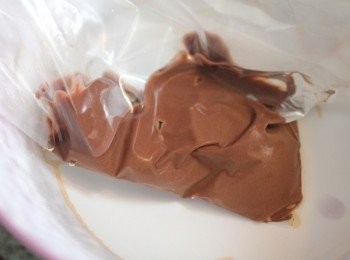 step1: 準備工作: 巧克力先隔水融化. ** 我用的是苦甜巧克力豆, 裝在耐熱夾鏈袋中, 放在溫水杯內浸泡, 至巧克力溶化