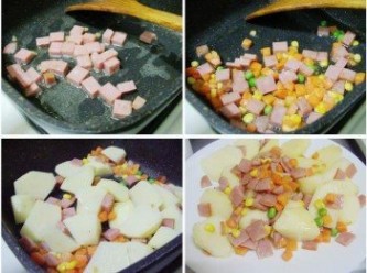 step2: 熱鍋後放入油1大匙ˊ先炒香火腿片ˊ 然後依續加入3色蔬菜及馬鈴薯ˊ拌炒約3分鐘先盛盤備用