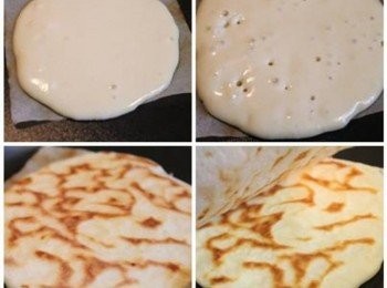 step2: 取一張烘焙紙(約8cmX8cm), 放在不沾鍋上(不需要放油) 中火加熱, 將適量麵糊倒在烘焙紙上, 煎到表面開始冒泡泡即可翻面