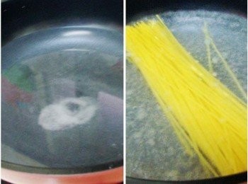 step2: 取一大湯鍋放入酌量的水和1小匙鹽ˊ水滾後放入義大利麵煮約5~6分鐘