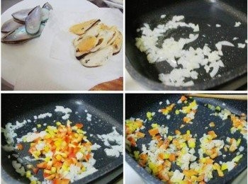 step2: 將淡菜外殼叔刷洗乾淨ˊ並取下肉ˊ 準備鍋子放入1大匙橄欖油ˊ依序炒香蒜末ˊ洋蔥和甜椒ˊ 然後加入所有<span class="group_2">調味</span>