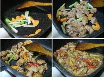 step3: 鍋內加入少許油ˊ先爆香蔥白和紅蘿蔔ˊ 接著加入醃漬入味的雞肉和辣椒ˊ 拌炒至表面金黃焦香ˊ 然後再一一加入所有<span class="group_3"><span class="group_3">調味</span>