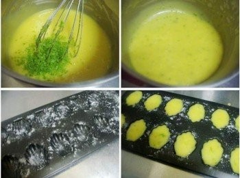 step3: 拌勻的麵糊加入檸檬皮末1個量ˊ 瑪德蕾妮模擦上少許奶油(份量外)再灑上薄薄一層麵粉ˊ (方便脫模)將完成麵糊舀入模型中約8分滿 送入遇熱好的烤箱170度c烘烤15分鐘左右即可