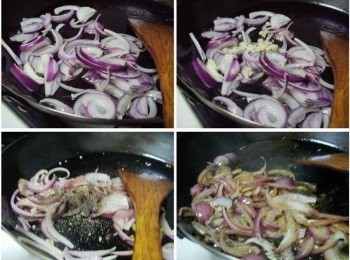 step3: 原鍋加少許橄欖油ˊ依序炒香洋蔥和蒜末ˊ 接著再加入黑胡椒粒炒出香氣ˊ嗆入適量紹興ˊ 讓酒精略為蒸發