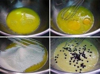 step2: 趁步驟1尚有餘溫先拌勻細砂糖和鹽ˊ 接著加入雞蛋再次拌勻ˊ 然後分次加入過篩的低筋麵粉ˊ泡打粉拌勻至無顆粒狀ˊ 完成再加入1部分水滴巧克力略為拌勻(剩下的裝杯後灑上)