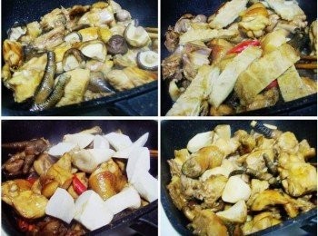 step3: 接著依序加入蒜頭ˊ辣椒ˊ香菇ˊ拌炒出香氣ˊ 然後再加入豆皮ˊ杏鮑菇ˊ拌炒均勻ˊ 接著將剩下的所有醬料全部倒入拌勻煮滾(也讓酒精蒸發掉)。