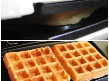 step3: 鬆餅機預熱, 加入適量粉漿, 烤2-3分鐘, 或至鬆餅機開始冒煙並聞到香味即可