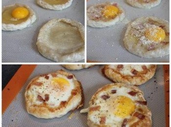 step4: 酥派先進烤箱烤10分鐘後, 取出. 在中心部分打一顆蛋, 擺上培根末/起司粉, 與鹽巴/黑胡椒粉調味. 再送進烤箱續烤12-15分鐘, 或烤至酥皮表面金黃, 蛋黃熟透