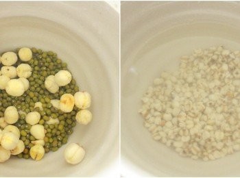 step1: 綠豆，蓮子和薏仁洗淨後，加水滿過<span class="group_1">食材</span>，浸泡冷水1小時。