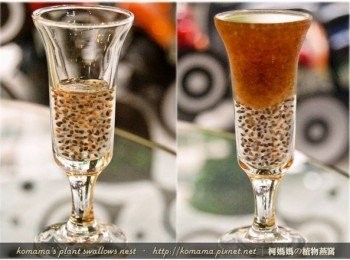 step3: 浸泡後的奇亞籽，連同水一同放入玻璃杯中至1/2滿，將黑木耳養生露直接倒滿至杯口後，即可直接飲用！