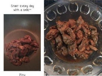 step4: 不沾鍋中不放油，乾炒牛肉到7分熟，邊炒就會出油，因為醃料裡有香油和沙茶醬的油。